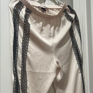 Victoria Secret Cream Satin Pants with Black Lace Side Stripes Medium